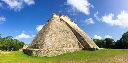 Ground view of the Pyramid of the Magician in Uxmal, Mexico