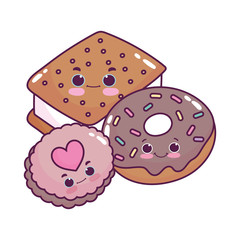 cute food ice cream cookie donut and biscuit sweet dessert pastry cartoon isolated design