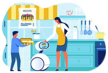 Cartoon Artificial Intelligent Showing Woman in Apron Pancakes Recipe. Boy Giving Eggs. Mother and Son Cooking Sweet Dessert. Vector Household Robot Helper Illustration. Flat Kitchen Interior