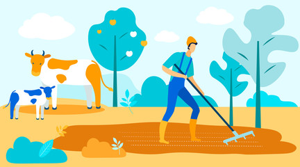 Obraz na płótnie Canvas Man with Rake in Garden on Background Trees and Cattle. Vector Illustration. People on Farm. New Technologies. Farm Business. Working in Garden. Cow and Calf in Garden. Gardener Working in Garden.