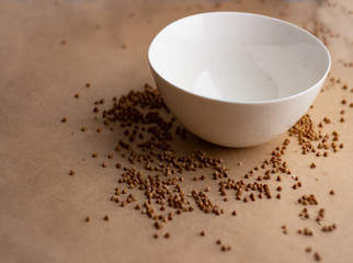 An empty white ceramic bowl and buckwheat scattered nearby; food shortages,