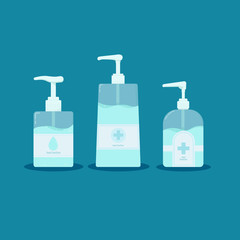 Flat hand sanitizer concept, pump bottle, washing gel, alcohol gel.