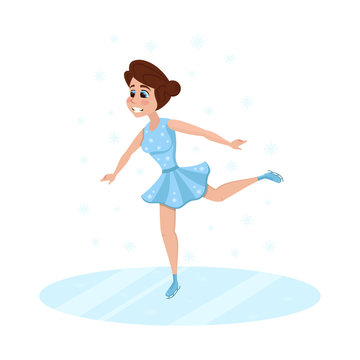 Cartoon Woman Figure Skating at Sports Ice Arena. Beautiful Female Character in Dress Isolated on White. Attractive Smiling Girl Skater Actress Performing Dance. Vector Flat Illustration