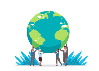 mix race businesspeople holding earth globe go green save planet global business concept horizontal full length vector illustration
