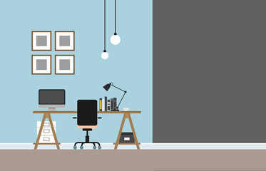 work at home,Empty Workplace, Desk Chair Computer Workspace Office and home in blue room  No People  and  spece for text.vector illustration. 