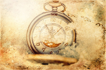Clock showing five minutes to twelve. Time to stop and realize the values of life, old photo effect.