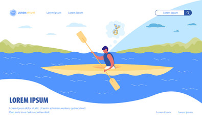 Canoe Water Sport Banner. Kayak Sprint Race Training. Cartoon Man Rowing Boat with Oar in River. Summer Activity, Healthy Hobby. Extreme Tourism, Recreation Travel, Active Vacation