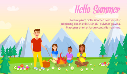 Camping with Family Vector Banner with Text Space. Hello Summer Lettering. Vacation, Holidays. Parents, Children Vector Characters. Picnic in Forest, Park Flat Drawing. Outdoor Activity in Mountains