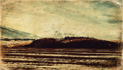 Beautiful morning mountains, old photo effect.