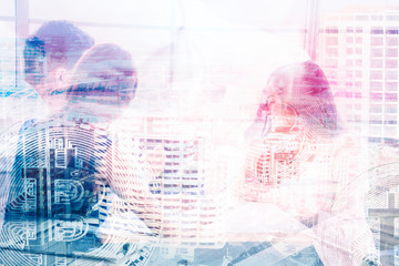 Obraz premium Double exposure of abstract technology and transportation business concept with aerial view background