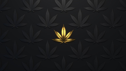 Luxury golden background with cannabis leaves. Minimal trendy design wallpaper marijuana. Black and gold leaves cannabis.3d render. 3d illustration. - obrazy, fototapety, plakaty