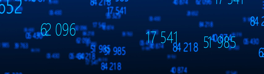 Blue numbers on black background. Digital illustration. Computer code. 3d rendering.