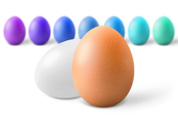 Brown and white eggs against multicolored, isolated on white background
