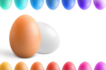 Brown, white and multicolored eggs (isolated on white background)