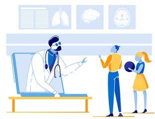 Children Have Online Consultation with Doctor, Family Therapist or Pediatrician. Brother and Sister with Ball Stand behind Laptop Screen. Specialist Talking to Kids from Monitor. Vector Illustration