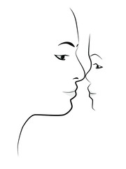 Mom and baby pictured in profile. People drawn by lines. Mother and child face to face.