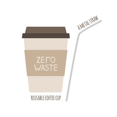 Reusable cup and metal straw vs paper or plastic cup. Less plastic, zero waste, 5R, eco friendly concepts. Element for waste reduce infographic, poster, social media. Flat. Vector stock illustration.
