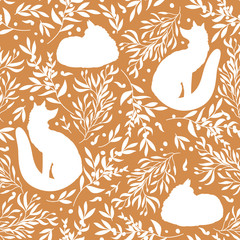 Seamless pattern with silhouette of sleep and dream fox, orange berries and leaves. Floral background with animals. Illustration for fabric, textile, packaging paper, wallpaper. Vector illustration.