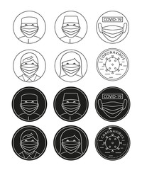 Icon Coronavirus. Doctor, people in medical mask and virus icon in crcle. Thin stroke icons convenient for editing.