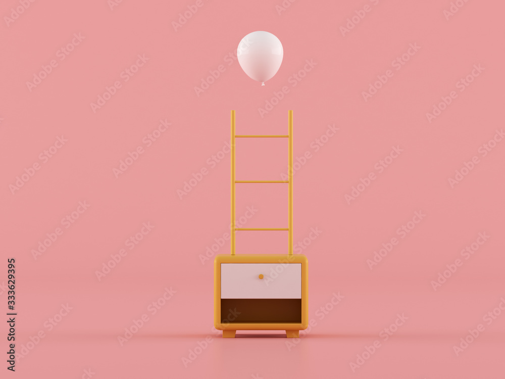 Poster abstract of minimal composition concept, small yellow cabinet with ladder and white balloon on pink 