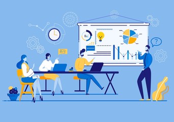 Advertising Banner Planning and Organization. Development Marketing Strategies and Programs. Man Explains Graphical Chart on Board, People Discuss Report Cartoon. Vector Illustration.