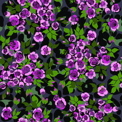 Hand drawn vector cute seamless pattern illustration pink roses on the violet and black leopard background