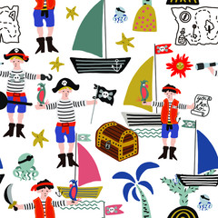 Hand drawn cute cartoon vector illustration seamless pattern pirate, boat, palm tree, parrot, map on the white background for baby textile, cloth, linen texture or wallpaper