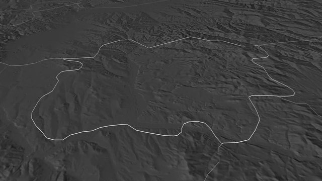 Staro Nagoričane, municipality with its capital, zoomed and extruded on the bilevel map of Macedonia in the conformal Stereographic projection. Animation 3D
