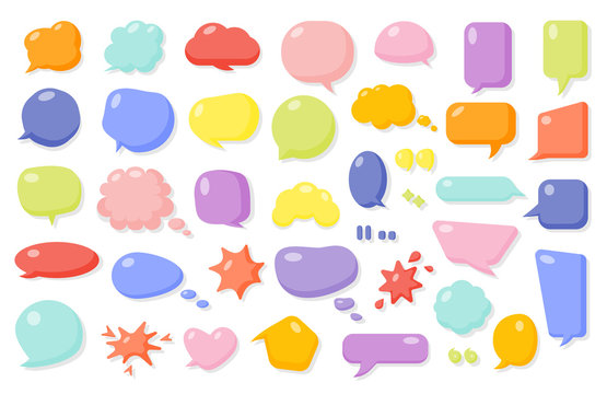 Colored comic speech soap bubble set. Cartoon empty text box clouds. Funny abstract different shapes of balloon. Glossy bubbles gum blank icon. Comics message template. Isolated vector illustration