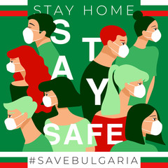 Set of men and women wearing medical mask preventing air pollution and virus with national flag :  Stay home, stay safe poster layout : Vector Illustration