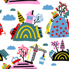 Hand drawn vector cute cartoon seamless pattern illustration city on the hill, cars, trees, tower crane, house on the white background for baby textile, linen, clothes texture or home decoration