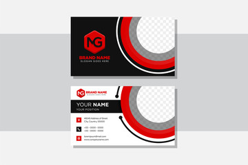 Business card Template, visiting card Design. Corporate Business card red & Black with logo element letter, multi color vector design. circle element for place of photo. horizontal layout. 