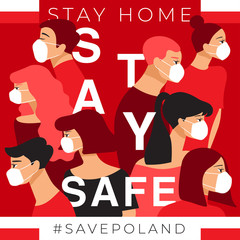 Set of men and women wearing medical mask preventing air pollution and virus with national flag :  Stay home, stay safe poster layout : Vector Illustration