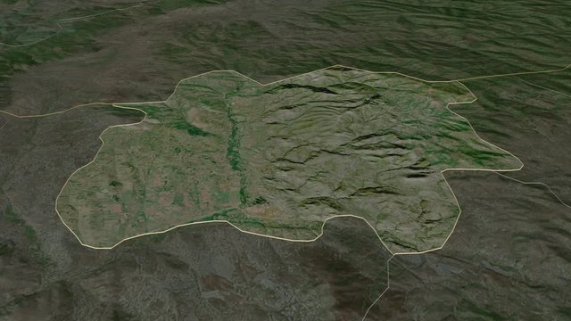 Staro Nagoričane, municipality with its capital, zoomed and extruded on the satellite map of Macedonia in the conformal Stereographic projection. Animation 3D