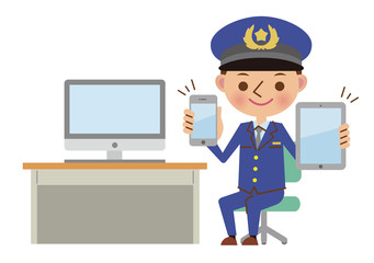 パソコン、スマホ、タブレットの連携イメージ（男性警察官）