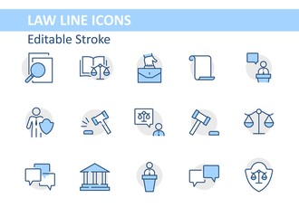 Set of Law and justice Vector Line Icons. Contains such Icons as weapon, arrest, authority, courthouse, gavel, legal, weapon and more. Editable stroke. 32x32 Pixels