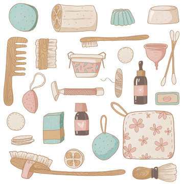 Zero waste digital illustrations. Clipart set with beauty zero waste concept. Isolated on white background. 
