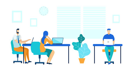 Coworking Center, Office Workflow Illustration. Colleagues, Programmers Sitting in Chairs Cartoon Characters. Company Workers in Conference Room. Business People Using Laptops, Corporate Workspace