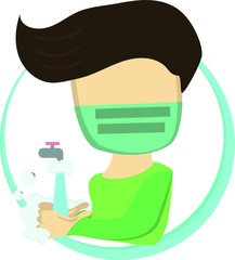 man put surgical mask washing him hand.