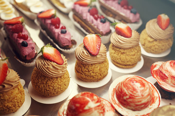 Sweet dessert. Appetizing, sweet dessert. Colorful cream cakes.