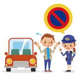 Obraz premium 駐車違反をしたドライバーを取り締まる女性警察官
