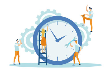 Men with Repair Tools and Instruments, Woman Character on Ladder Fixing Broken Clock Cartoon Flat Vector Illustration. Huge Mechanism Made with Gears and Cogwheels, Time Management Concept.