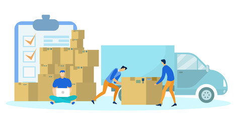 Logistics Concept Flat Cartoon Vector Illustration. Storehouse Workers Loading Parcels and Shipping Boxes for Delivery into Lorry. Checklist with Ticks. Man Sitting near Package and Working on Laptop.