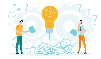 People Holding Plug from Huge Lamp Flat Cartoon Vector Illustration. Generating Ideas, Brainstorming and Thinking how to Create Innovation, Startup Concept. Gears on Background. Invention.