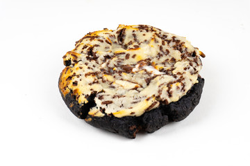 A cookie cake with chocolate on white background with copy space