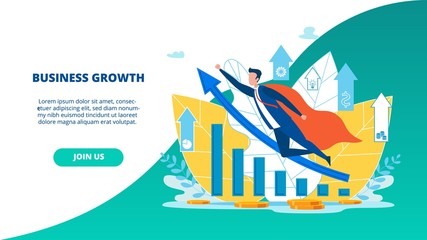 Fototapeta premium Advertising Flyer Business Growth Landing Page. Selection Expert Opinions, Instructions and Tips. Man in Super Hero Costume Flies in Direction Blue Arrow. Strategy Increase Results.
