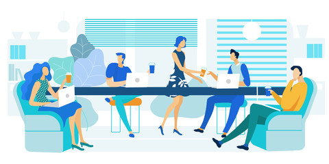 Office Cafeteria, Lunch Zone Vector Illustration. Young Company Employees, Coworkers Cartoon Characters. Men and Women on Coffee Break. Colleagues Sitting in Chairs with Laptops, Drinking Tea