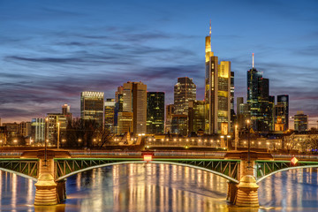 The skyscrapers of the financial district in Frankfurt, Germany, at night