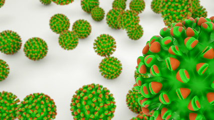 many three-dimensional models of the virus on a white background. coronavirus pandemic concept. 3d render illustration.