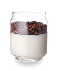 Glass with tasty panna cotta on white background